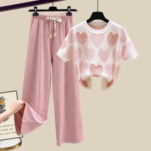 Sweet Two Piece Set Women Suit Casual Chic Knit Pearl Splice Love Winter Knit Top Casual Wide Leg Pants Sets Elegant Home Wear