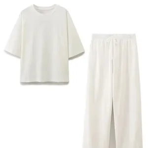 Women Casual T Shirt Pant Sets Elegant Pink O Neck Short Sleeve T-Shirt + Drawstring Loose Trousers Spring Suit