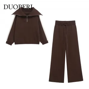 Women Fashion 2 Piece Sets Brown Pullover Sweatshirts & High Elastic Waist Trousers Female Chic Lady Pants Set