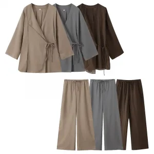 Women Fashion 2 Piece Set Solid Lace Up Shirts & Vintage Elastic Waist Trousers Feamle Chic Lady Pants Sets