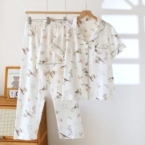2026 New Spring/Summer Women's Pajama Set 100% Cotton Crepe Cute Thin Short Sleeve+Shorts+Pants Home Clothes 3-Piece Set
