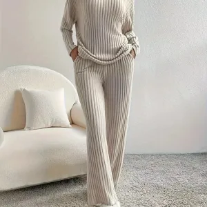 Autumn Winter 2 Pieces Pajamas Set for Women Sleepwear V-neck Ribbed Knit Tops and Trousers Homewear Casual Outfits