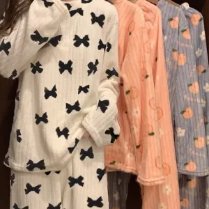 Adorable Sweet Warm Coral Fce Women's Autumn Winter Home Clothes Set Long Sve round Ne Print Pajamas Two-Piece Set