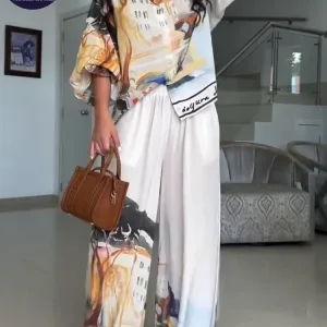 2 Pieces Set for Woman Summer New Elegant Casual  Printed Lantern Sleeves Shirt Tops Suits Fashionable Loose Wide Leg Pants Sets