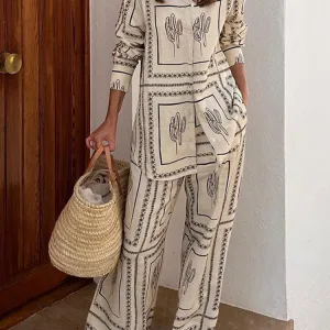 Printed Shirts Two Piece Set Women Long Sleeve Lapel Shirts High Waist Wide Leg Pants Suit For Women Home Wear Outfits Clothing