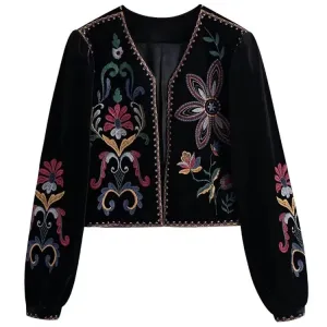 Zevity Women Vintage Flower Embroidery National Style Short Coat Ladies Retro Open Stitching Casual Velvet Jacket Tops CT100