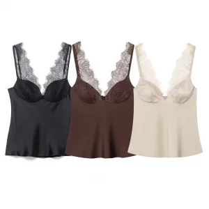 European and American style 25 winter new lace detail decoration heart-shaped neckline fine shoulder strap silk texture top