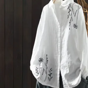 Cotton Linen Women's irt Spring New Sle Artistic Retro Embroidery Turn-down Collar Color Long Sve Top