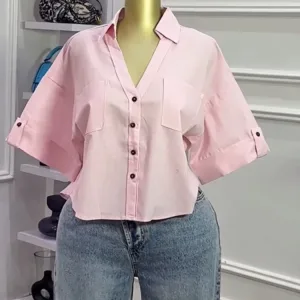 CM.YAYA 2025 Fall Autumn Women Half Sleeve Single Breasted Blouse and Shirt V-neck Pockets Street Casual Loose OL Tops Shirts
