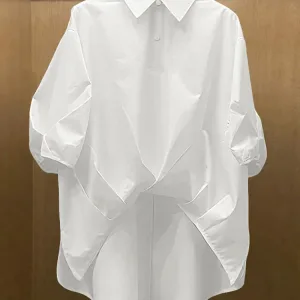 ZANZEA Stylish High-Low White Shirts Women Chic Lantern Sleeve Gathered Hem Collared Blouses 2025 Autumn Streetwear 3 Colors