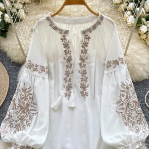 Retro Embroidered Heavy Work irt Women's Loose Slimming Lantern Sve round Ne Tie Dye Top Faionable Autumn 2025