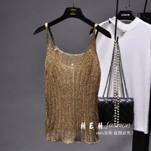 2023 spring and summer new all-match bingbing sparkling sequins vertical knitted hollow camisole sexy bottoming vest top