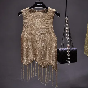 Sexy Shiny Gold Silver Knitted Tank Tops Women Bling Bling Sequined Tassels Knitted Vest  All Neon Store Clothes  Korean