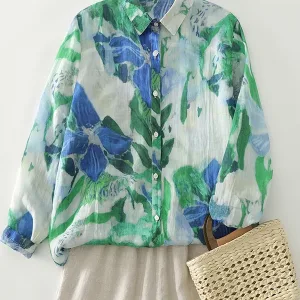 Retro Sle Long Sve Cotton Linen Women's irt Loose Fit Printed Open Cardigan Single Button T-irt Spring Autumn New Ar...