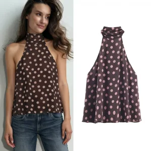 Women's Summer New Polka Dot Hanging Neck High Neck Top With Lace Up Design Lady Sleeveless Backless Sexy High Street Vest Top