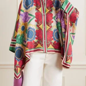 Fashion Stylish Selection Batwing Sleeves Flower Print Stand Collar Blouses Women Spring Summer High-low Buttoned Shirts Tops