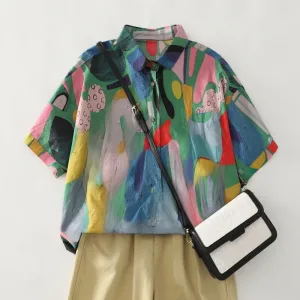 Summer Women's Casual Loose Printed Collar ort Sve irt Single Button Cotton Linen Blend Thin Fabric Commute Sle Top