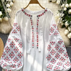 Retro Ethnic Sle Chinese Lantern Sve irt Women's Summer Loose Thin Tassel Heavy Embroidery Design Top Korean Sle