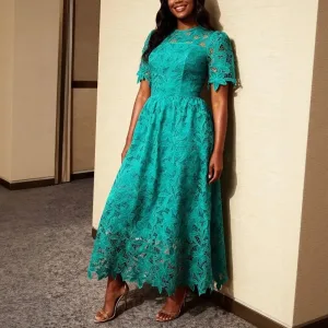 Classy Women A Line Lace Dress O Neck Short Sleeves Hollow Out Irregualr Length Wedding Guest Bridal Shower Business Party New