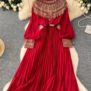 Spring Autumn French Sequin Nail Bead Long Sleeved Dress Women New Elegant Temperament Birthday Party Pleated Long Dress C227