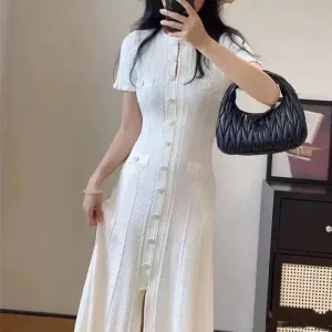 French Elegant Knitted Dress for Women Casual O Neck Short Sleeve Single Breasted Long Dresses 2025 New Fashion Design Vestidos