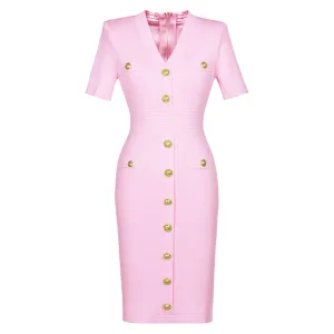 Spring/Summer New Fashion Knitted Elastic Short Sleeve Solid Color Gold Button Slimming Style Commuter Women's Dress