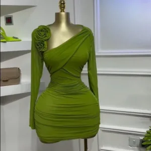 GLCMYAYA Women Long Sleeve Floral Applique Skew Collar Stacked Ruched Bodycon Midi Dress Vacation Holiday Party Birthday Dresses