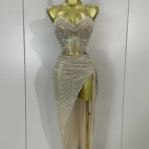 Sparkly Sequin Beading Sexy Strapless Two Pieces Set Women Evening Celebrate Nightclub Party Luxury Birthday Dress Stage Costume