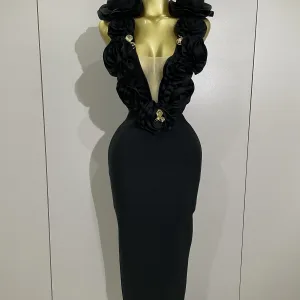 Sexy Fashion Black 3D Flower Sleeveless Bodycon Long Bandage Dress Women Celebrity Elegant Party Birthday Dress Vestidos