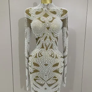 New High-end Elegant Evening Gown AB Rhinestones Pearls Luxury Long Sleeves Mesh Dress Women Cocktail party Wedding Costume
