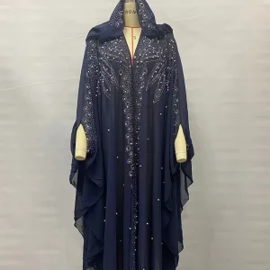 Middle East Africa Hot Muslim Long Robe Vintage Diamond Bead Shoulder Cover Hooded Cloak Dress Bat Sleeve Women's Dress New